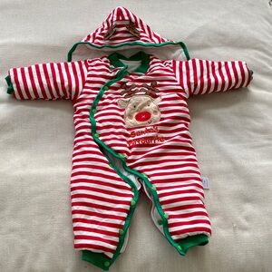 Red and White Striped plush Baby duvet Onesie with Reindeer